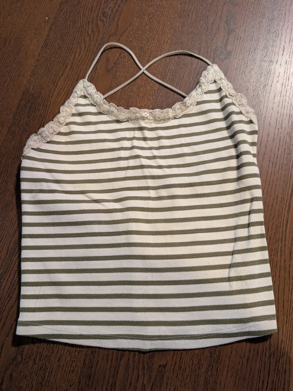 American Eagle Outfitters Olive & Cream Striped Lace-Trim Cami Top
